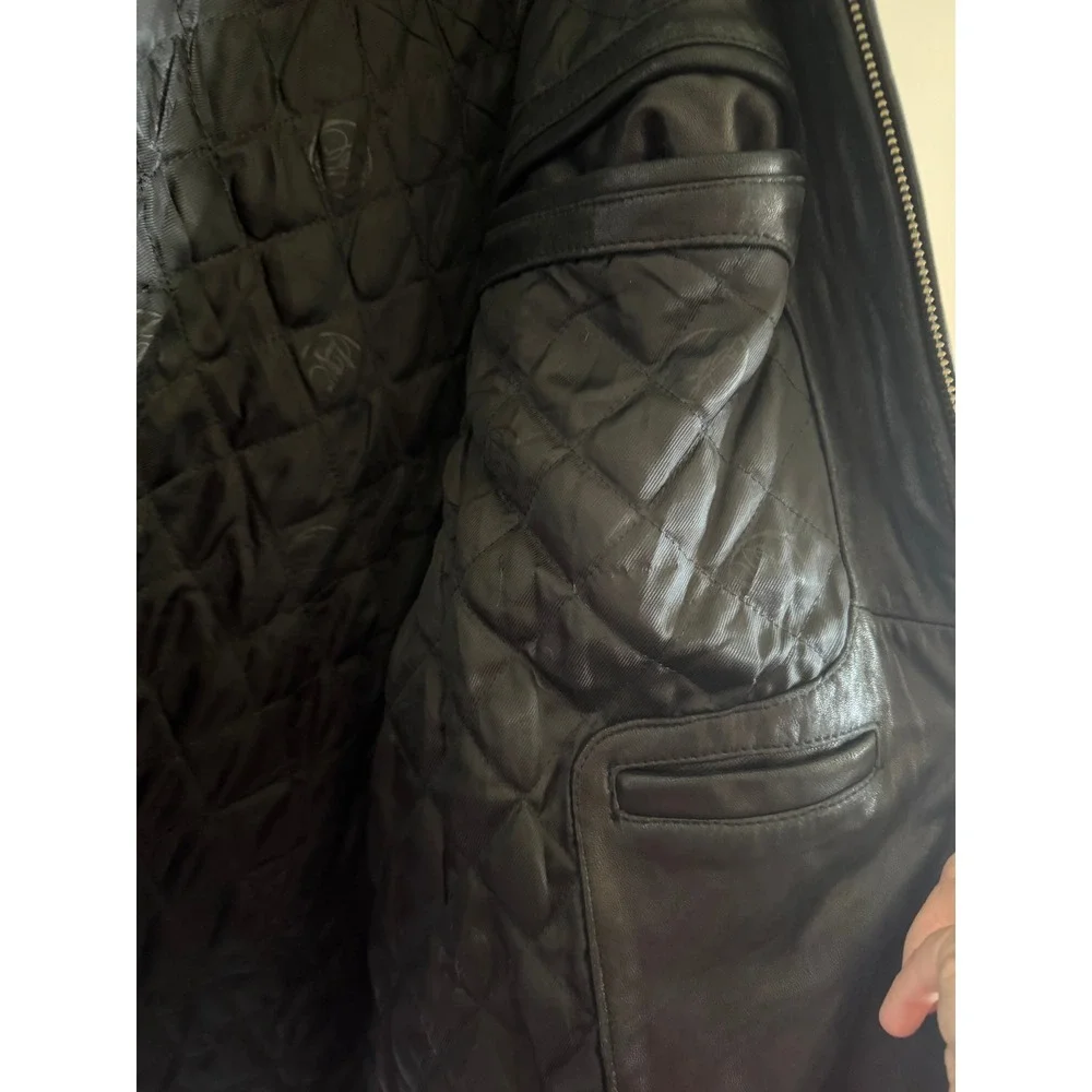Sean John Mens Black Leather Jacket XL Quilted Lined Full Zip Coat Urban Street